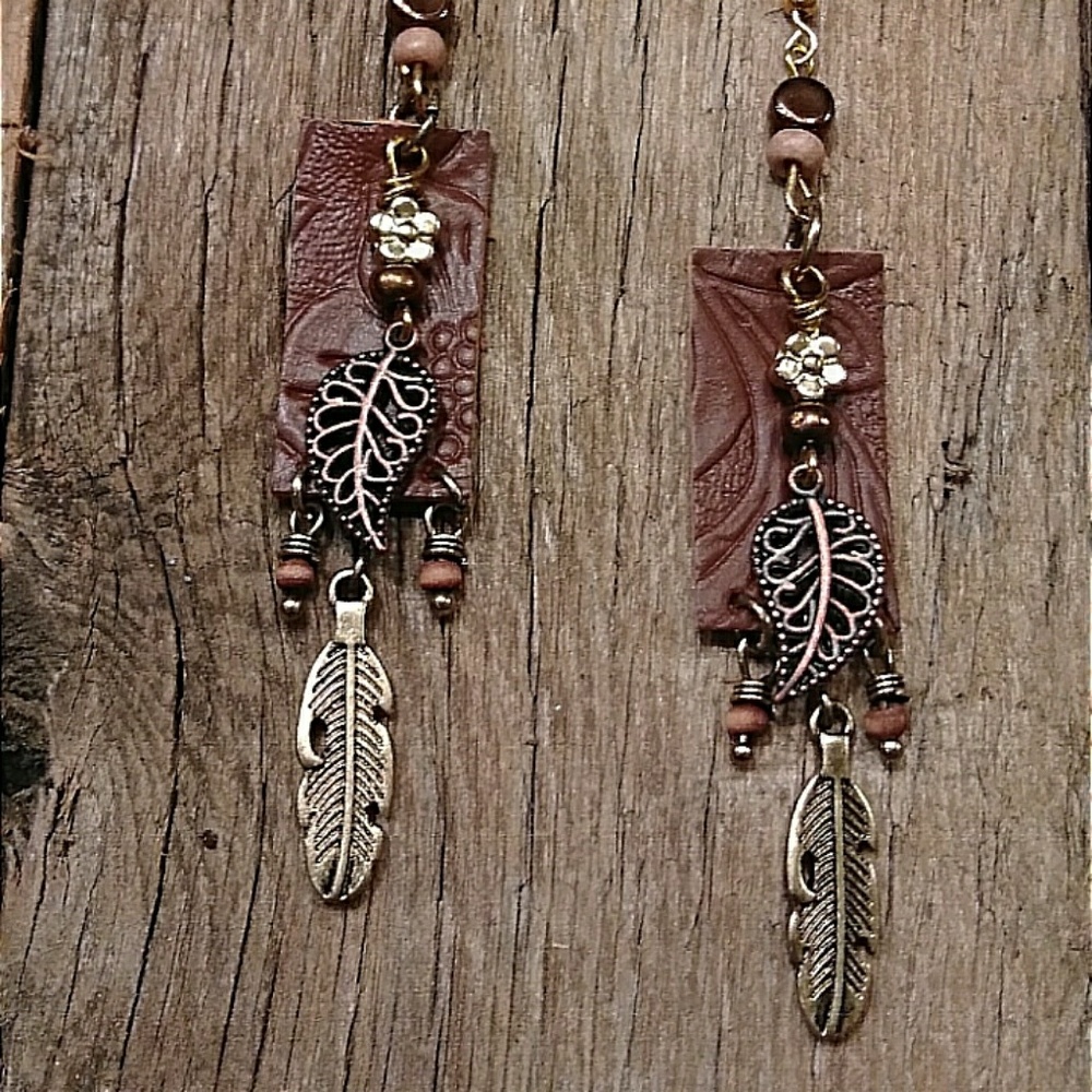 Brown leather with metal accent earrings